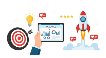 Business analytics concept with rocket launch and target graphic design isolated on a transparent background