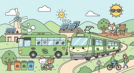 Naklejka premium Cute cartoon scene illustrates various methods for promoting environmental sustainability in a rural landscape