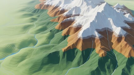 A 3D topographic map featuring elegant contour lines of a mountainous region, perfect for geographic research presentations, outdoor adventure app interfaces, and architectural landscape planning