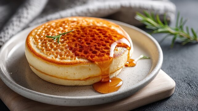Freshly toasted thick crumpet with honeycomb texture and dripping golden honey on a ceramic plate for a gourmet breakfast