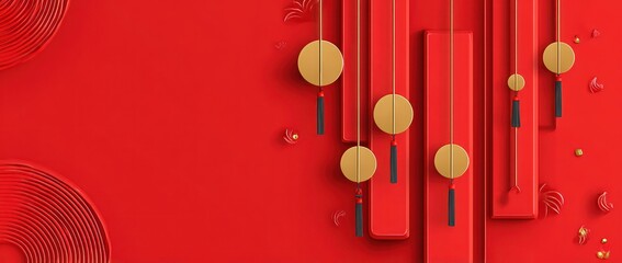 Abstract red background with golden circular ornaments festive design