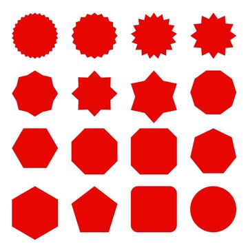 Red Minimalist Geometric Shape Set: Starburst Badges, Polygons, and Basic Vector Icons for Design