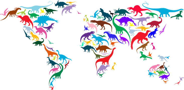 Dinosaur Map of The World - vector illustration
