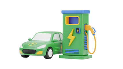 3D Green electric car charging at a modern charging station on transparent background