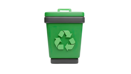 3D Green recycle bin with recycling symbol on transparent background