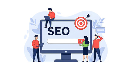 SEO search engine optimization concept with people and computer screen internet online isolated on a transparent background
