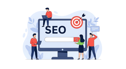 SEO search engine optimization concept with people and computer screen internet online isolated on a transparent background