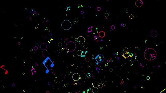 A dynamic burst of neon musical symbols and geometric particles radiating from the center of the frame toward the viewer. The animation features a diverse mix of eighth notes, crosses, and rings in a 