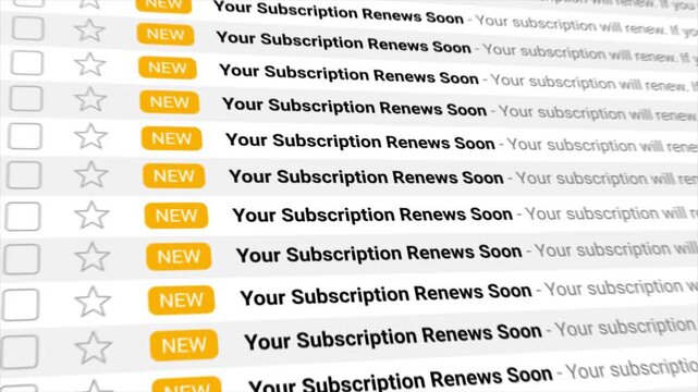 Your Subscription Renews Soon messages recur seamlessly as they fill an animated email inbox. Perfect for themes of digital subscriptions, renewal reminders, or notification overload.