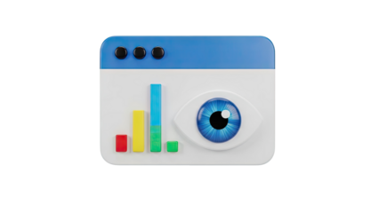 3D Icon: Eye Watching Data Bars on Browser Window on transparent background