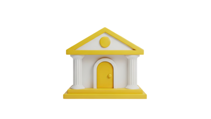 3D Icon of a Bank Building with Columns and Yellow Door on transparent background