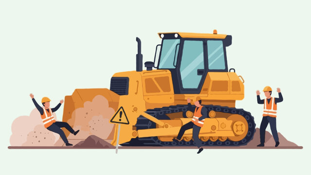 Corporate safety training visual, flat vector illustration of a construction site safety incident involving a bulldozer