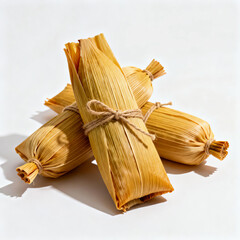 Traditional Mexican tamales, wrapped in dried corn husks, tied with twine. Steamed dish with savory filling, representing cultural heritage and culinary craft.