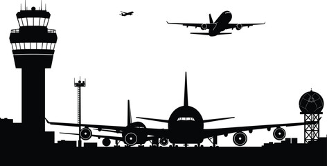Airport silhouette vector illustration, black and white contrast, aviation theme, control tower, airplane movement, minimal design, air traffic, travel infrastructure © Parvej Creatives