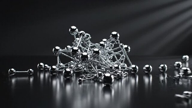 Abstract metallic geodesic sphere model deconstructing and reforming on a reflective surface