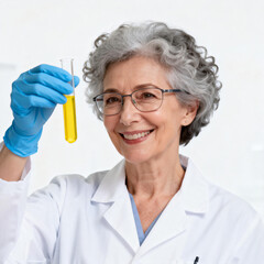 A senior female scientist in a lab coat and blue gloves holds a test tube with yellow liquid, likely conducting a scientific experiment or analysis in a laboratory setting.