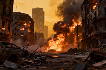 Urban warzone scene: burning buildings, destroyed vehicles, billowing smoke, and collapsed infrastructure in a devastated city. Symbolizing conflict, disaster, and post-apocalyptic chaos.