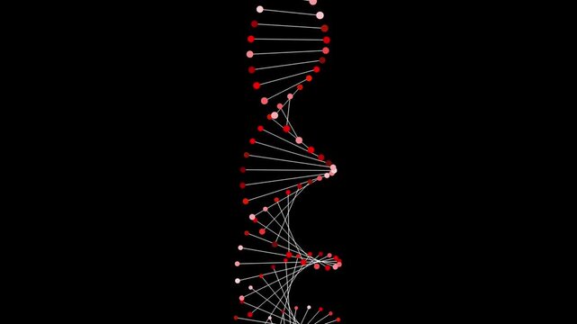 A vertical DNA helix that deconstructs as the camera zooms in. Initially appearing as a standard double-helix of red and pink spheres, the structure unravels into a dense web of interconnected lines. 