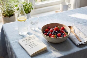 Bowl of fresh mixed berries with strawberries and blueberries next to sparkling water and notebook