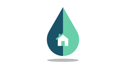 water drop and house icon combined in flat minimalist logo design symbolizing home water conservation and plumbing services branding