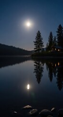 Fototapeta premium Bright full moon illuminates serene dark landscape above still water reflecting trees and remote dwelling
