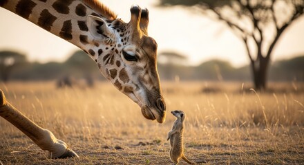 A giraffe peers down at a small bird standing on dry grass in a savannah at sunset.