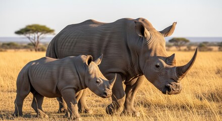 Obraz premium A large adult rhinoceros and a smaller baby rhino walking together in a savannah with dry grass and
