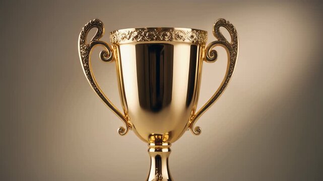 A beautifully lit close-up video of a luxurious gold trophy with intricate details, standing
