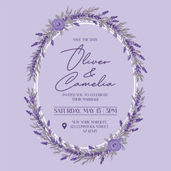 Purple Lavender Wedding Invitation Card Design with Oval Wreath and Floral Elements on a Light Violet Background Vector