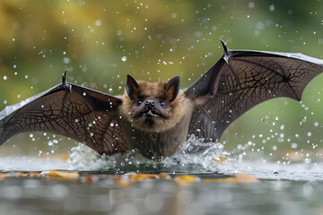 Brown Bat Emerging from Water, Splashing, Closeup