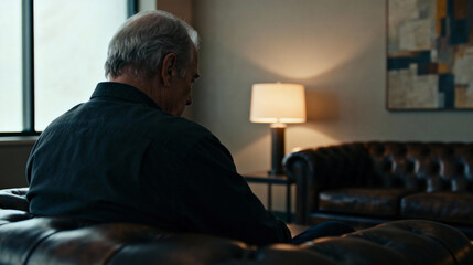 Elderly man in dark shirt sits on leather couch, facing a window with warm interior lighting. Mood of contemplation or solitude in a cozy, vintage-style room.