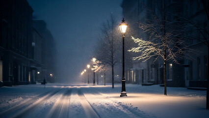 Beautiful winter night illustrations of a snow-covered urban street, with bright lampposts illuminating a tranquil, frosty, and serene atmosphere through the mist