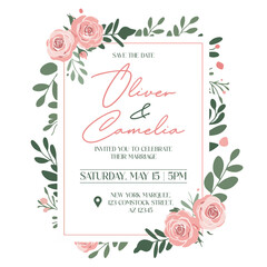 Elegant Save the Date Wedding Invitation Template with Soft Pink Roses and Green Leafy Wreath Floral Frame Vector