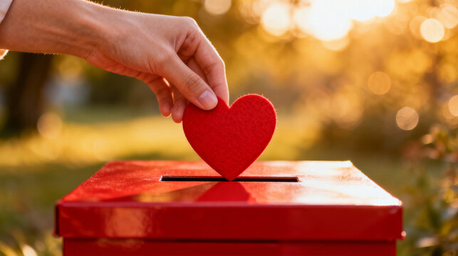 A hand places a red heart-shaped object into a donation box, symbolizing love, charity, and philanthropic giving in a warm outdoor setting.