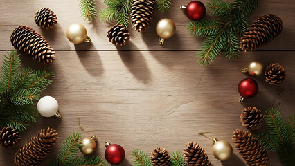 Festive Christmas decorations with pine cones, ornaments, and evergreen branches on a wooden background, a holiday greeting card
