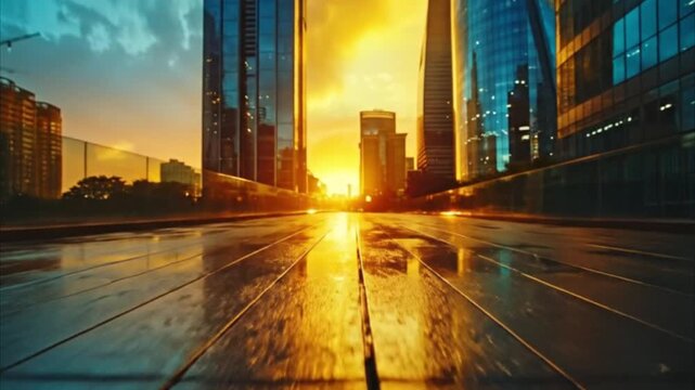 extreme low angle ground camera view cityscape sunset 4K Videos