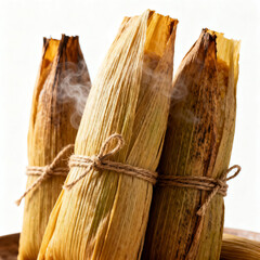 Three freshly steamed tamales wrapped in corn husks, tied with twine, with steam rising, showcasing traditional preparation of this savory, ethnic dish.