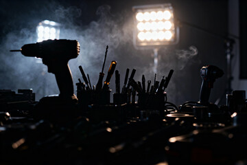 Workshop Tools and Equipment in Dramatic Lighting