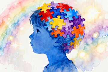 Watercolor illustration of a child's profile with puzzle pieces forming a brain, symbolizing neurodiversity, autism awareness, and mental health.