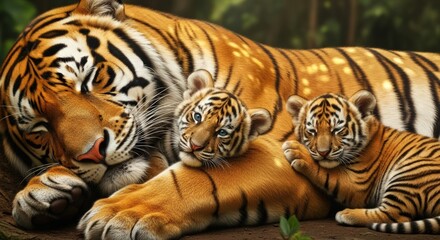 A mother tiger and her two adorable tiger cubs lying together in a forest clearing with warm,