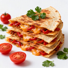 Stacked cheese and vegetable-filled quesadillas on a white background, garnished with cilantro and fresh tomatoes. A delicious, cheesy Mexican dish for appetizers or meals.