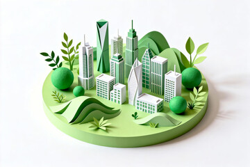 3D paper-crafted eco-friendly cityscape with greenery, modern skyscrapers, and natural elements, emphasizing sustainability and urban design.