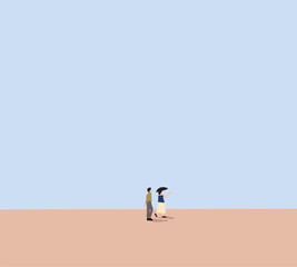 Woman with umbrella walking on modern city street with boyfriend. Romantic dating on holiday vacation.