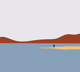 Man in black cloth standing on sand beach with landscape mountain. Travel destination holiday vacation.