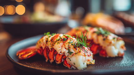 Close-up of a beautifully plated grilled lobster tail with rich texture and golden char, gourmet seafood dish served elegantly in a fine dining setting.