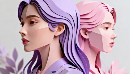 Two women&rsquo;s profile portraits in stylized paper art/3D illustration, geometric forms with soft curves, pastel colors (violet, pink), elegant, modern aesthetic, suitable for decorative/creative design.
