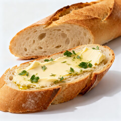 A freshly baked baguette slice topped with creamy butter, fresh parsley, and olive oil. Presented against a clean background, highlighting the crisp crust and soft interior.