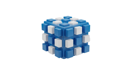 3D Abstract cube structure with blue and white blocks on transparent background