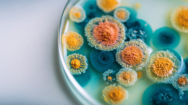 Extreme macro of colorful mold colonies spreading across a surface, revealing organic textures and vibrant microbial growth, forming abstract patterns in a microbiology culture.