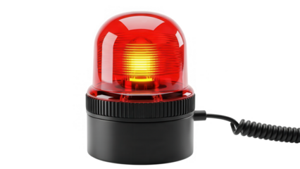 Realistic red emergency alarm siren with glowing light on transparent background